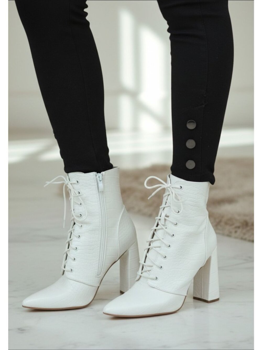 White Lace-Up Chunky Heel Ankle Boots With Croc-Embossed Texture & Side Zipper D